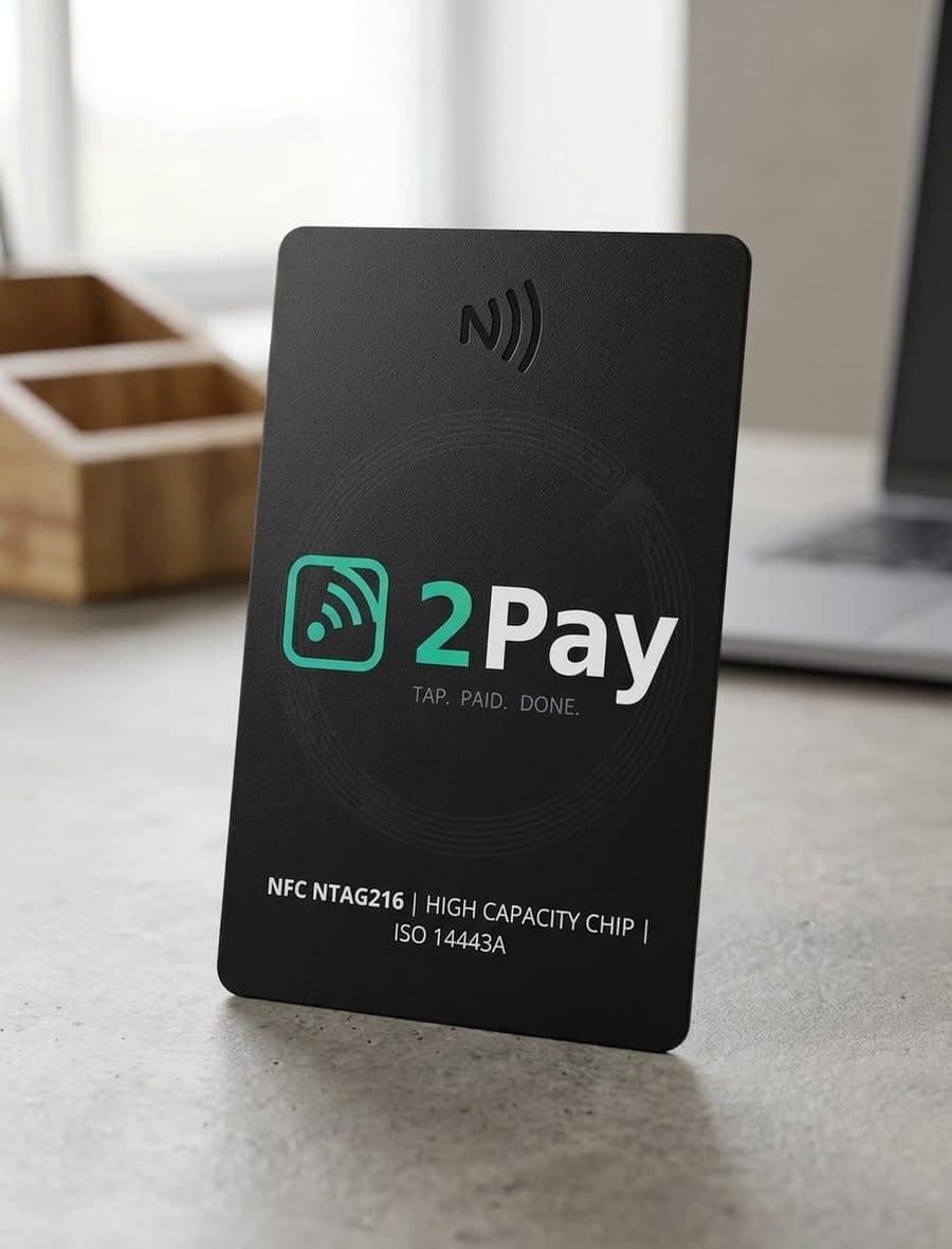 The 2Pay NFC card standing on a counter